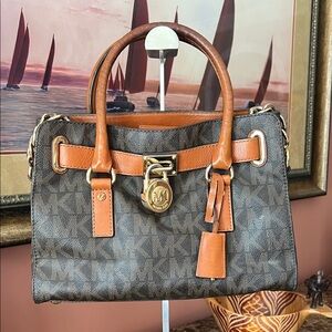 Michael Kors Brown and Tan Monogram Satchel with Gold Hardware 2 way GUC